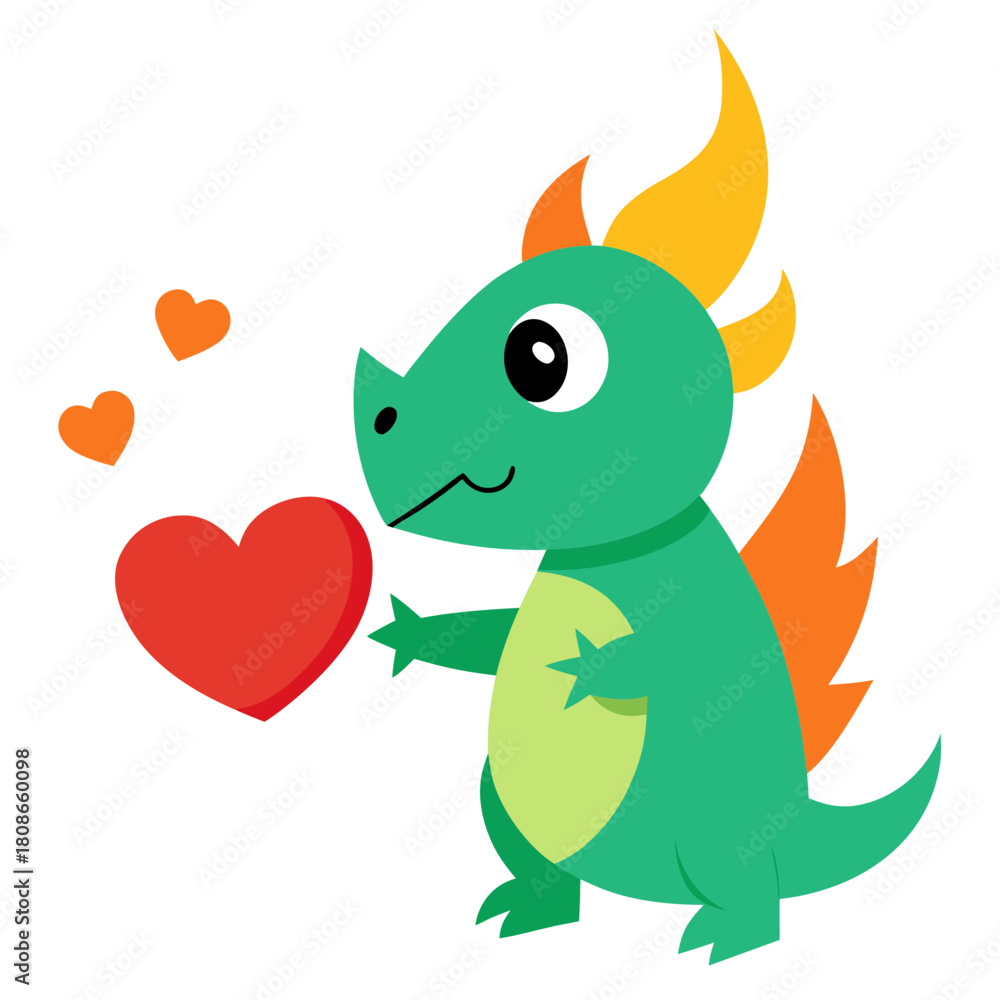 Fototapeta premium Cute Cartoon Dragon Blowing Fire Hearts