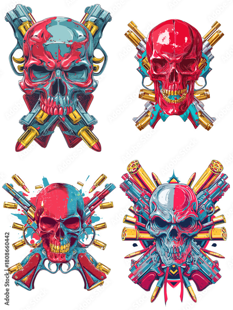 Obraz premium Vibrant skull illustrations surrounded by guns and bullets. Bold weapon themed artwork with dramatic neon colors, fierce expressions, and intense battle energy.