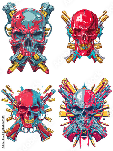 Vibrant skull illustrations surrounded by guns and bullets. Bold weapon themed artwork with dramatic neon colors, fierce expressions, and intense battle energy.