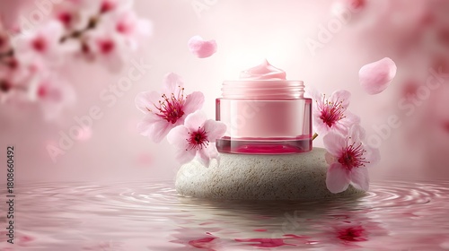 Wooden Lidded Cream Jar on Circular Stone Resting on Water with Blossoms