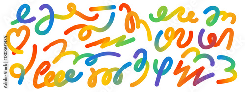 Colorful fluid squiggle strokes. Curvy gradient lines. Rainbow swirls and twisty shapes.