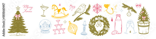 Hand drawn Christmas festive set. Whimsical sketch holiday icons. Tree, cocktail, snow globe, chandelier, bird, wreath, bows and winter decor for vintage celebration and cozy invitations.