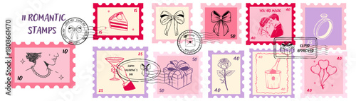 Romantic Valentine postage stamps set in sketch style. Whimsical hand drawn lady, cake, bows, couple, ring, rose, gift box, champagne.