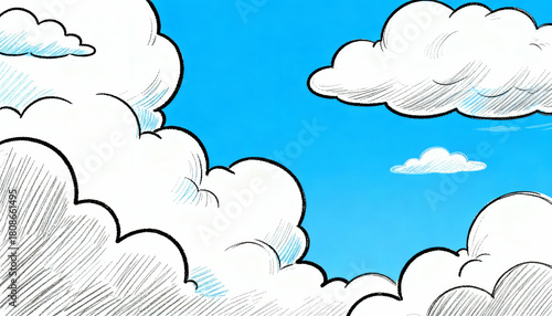 Cartoon Style Blue Sky with White Clouds, Sunny Day Illustration