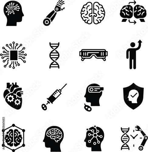 Human Augmentation and Futurism Solid Black Icon Set