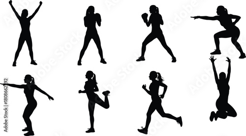 Athletic silhouette poses, fitness movements, workout actions, exercise icons, running jumping squatting, martial arts, boxing stance, vector illustration, active lifestyle