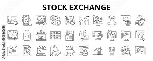 30 Stock Exchange Line Icons Vector - Market Trading, Stock Market, Exchange Rate, Investor Platform, Market Data, Equity Market, Shares Exchange