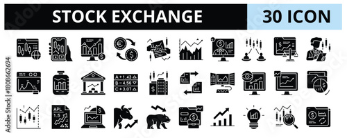 30 Stock Exchange Glyph Icons Vector - Market Trading, Stock Market, Exchange Rate, Investor Platform, Market Data, Equity Market, Shares Exchange