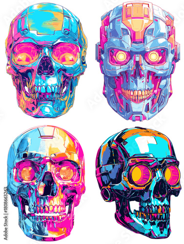 Futuristic neon skull illustrations with robotic features, glowing colors, and cyber details. Modern digital artwork blending anatomy with technology in a vibrant sci fi style.