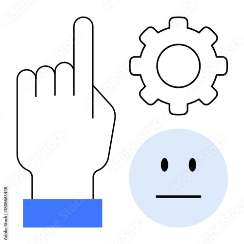 Hand pointing upward, gear symbolizing process or settings, neutral face conveying emotion. Ideal for interaction, decision-making, automation, emotions, guidance management processes. Simple flat