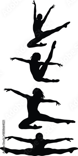Dance jump silhouette vector, gymnast leap pose, athletic movement illustration, flexibility and grace icons, black dynamic figure collection