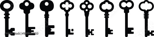 Collection of diverse vintage skeleton keys in black silhouette on a clean white background, representing security and access.