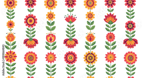 Vibrant traditional seamless floral pattern featuring colorful folk art flowers arranged in vertical rows on a clean white background.