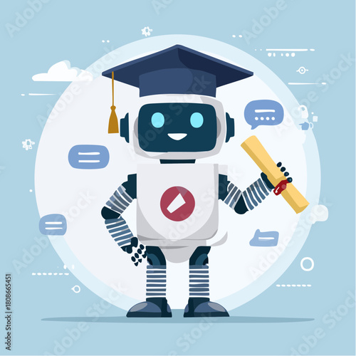 Intelligent AI robot celebrates academic achievement and successful graduation, symbolizing future learning, technological advancement, and educational success in the digital age
