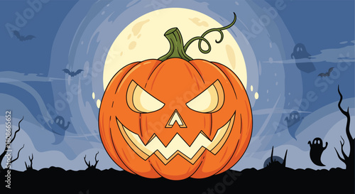 A classic Halloween night scene with a glowing jack-o'-lantern, full moon, flying bats, spooky ghosts, and barren trees.