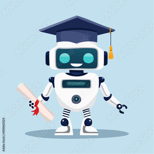 An adorable white robot wearing a graduation cap and holding a diploma scroll, symbolizing achievement and future success in education