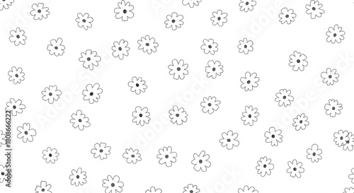 Delicate and whimsical seamless pattern of small, scattered hand-drawn flowers with dark centers, creating a soft and sweet background.