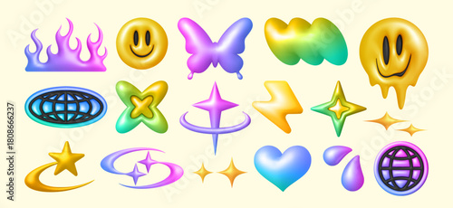 Colorful y2k icons set isolated on background. Vector realistic illustration of holographic 3d stickers of different shape, iridescent butterfly, star, heart stickers, retro smiley and planet emoji