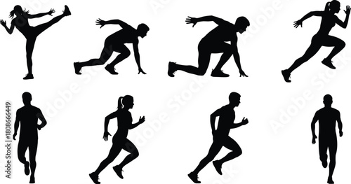 Running silhouette vector set, athletic pose illustration, fitness motion icons, sprint and jog graphic, black dynamic figure collection