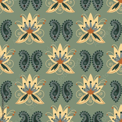 Traditional seamless Paisley floral hand-drawn pattern. Indian Kashmir ornament. Vector