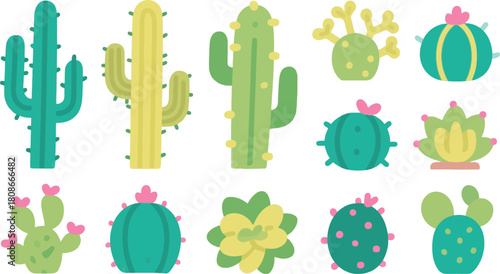 Cartoon cacti and succulents vector set illustration. Cute succulent and cacti collection. Green plants for design, elements, and decoration. Desert flora concept.
