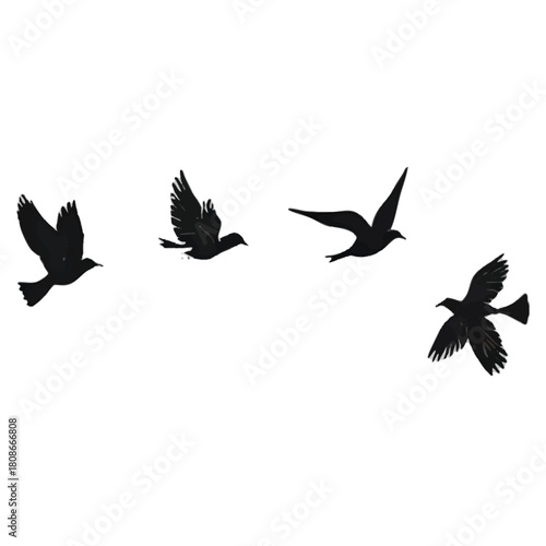 Set of bue ink wash paintings of various birds in flight on white background. Traditional oriental ink painting sumi-e, u-sin, go-hua. Hieroglyph - happiness