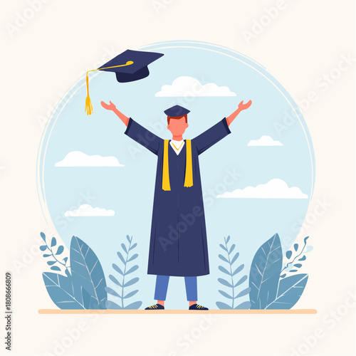 Excited graduate celebrates academic achievement by tossing his cap in the air, symbolizing the joy of graduation and new beginnings after years of hard work