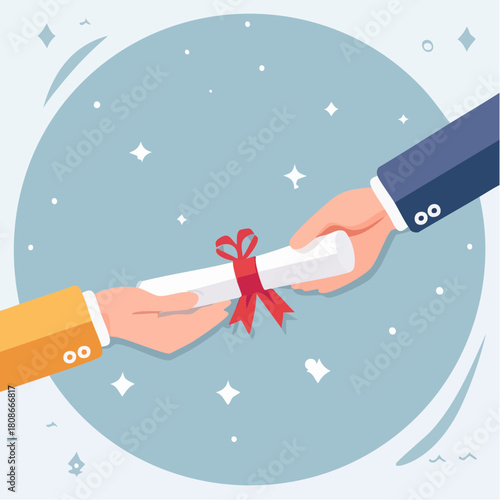 Illustration of graduation concept A person's hand receiving a diploma roll in a stylized graphic, celebrating academic achievement and success after studies and final exams
