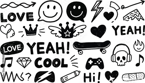 Hand drawn doodle vector set illustration. Artistic sketch doodle collection. Vector elements for design, icons, and embellishment.  Black and white drawing concept.