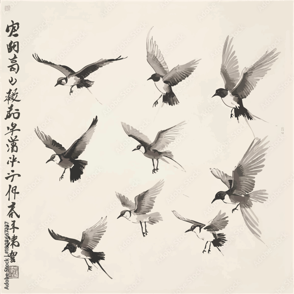 Obraz premium Set of bue ink wash paintings of various birds in flight on white background. Traditional oriental ink painting sumi-e, u-sin, go-hua. Hieroglyph - happiness