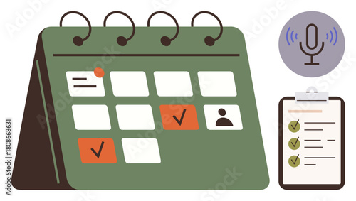 Green calendar with marked tasks, microphone icon for voice interaction, and checklist of goals. Ideal for scheduling, productivity, project management, organization, reminders, planning simple flat