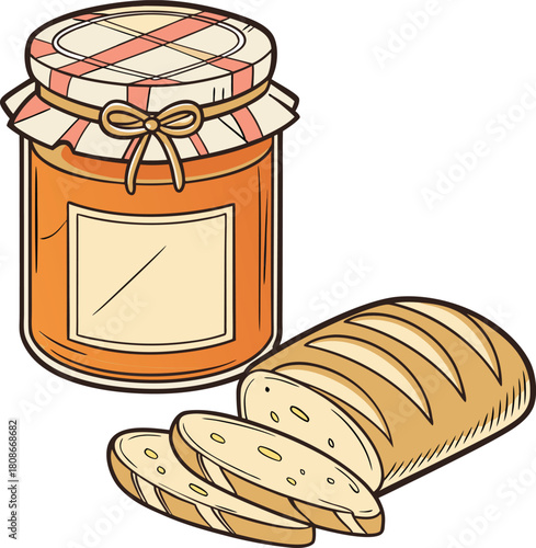 Freshly baked bread and homemade jam isolated on