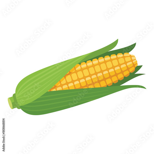A vibrant illustration of a partially husked ear of corn, showing kernels.