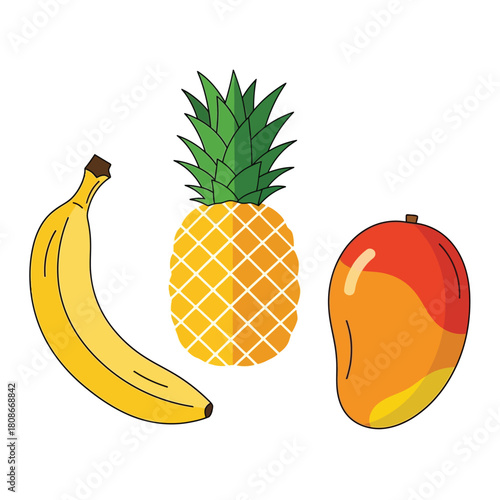 Illustration of a banana, pineapple, and mango fruit, isolated on white.
