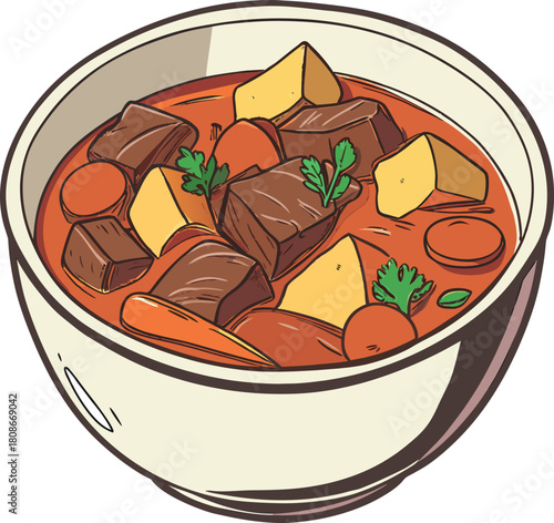 Bowl of hearty beef stew with vegetables isolated on