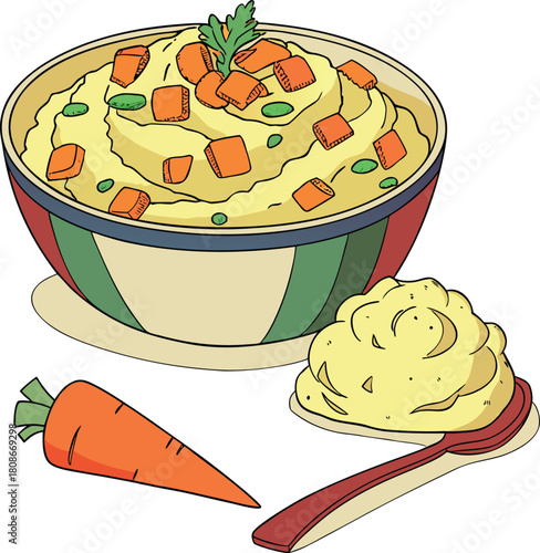 Bowl of mashed potatoes with carrots isolated on