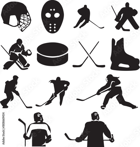 Hockey Icons: A collection of various hockey silhouette graphics featuring players in action, gear, and essential equipment. Ideal for sports-related designs.