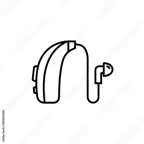 Simple black line art icon of a modern hearing aid device, representing assistive technology for improved auditory perception and hearing loss solutions