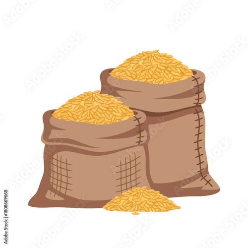 Two brown burlap sacks overflowing with golden grains, with a small pile of grains on the ground, depicted in a simple illustration.