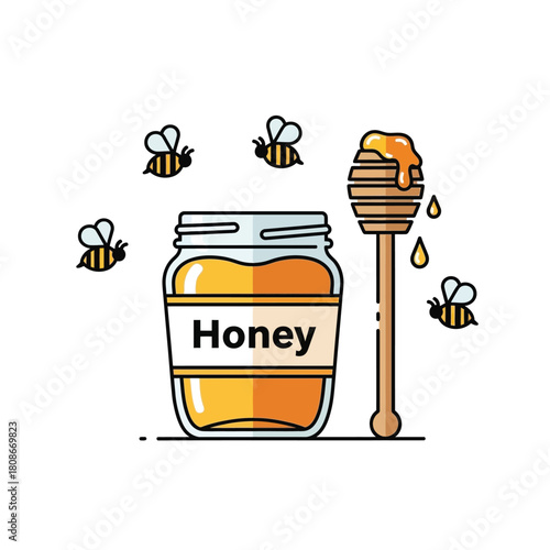 A simple, clean line art illustration of a honey jar, a wooden dipper, and several bees flying around, on a white background.