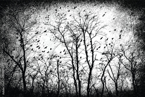 Silhouette of bare trees with flying birds. Gothic style black and white illustration	