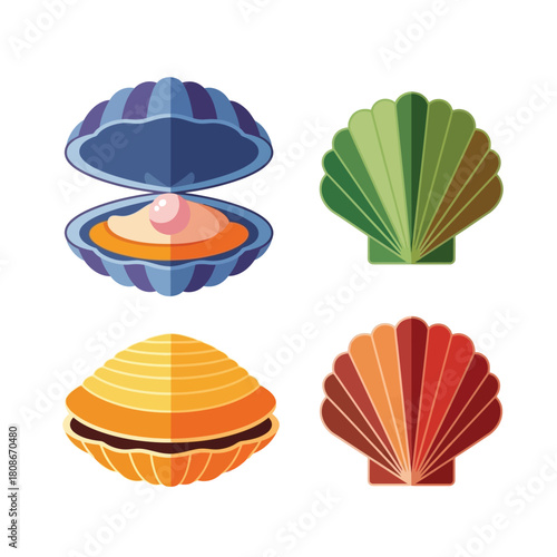 Four colorful stylized vector illustrations of various seashells, including an open clam with a pearl and two scallop shells.