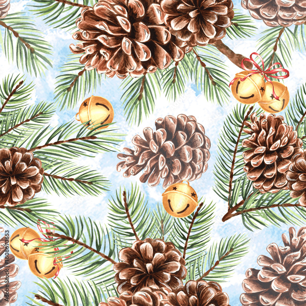 Fototapeta premium Watercolor pine branches with cones and round bells seamless pattern for Christmas design. Hand-drawn illustration spruce twig for winter holiday decor. Conifer plant natural background for textile.