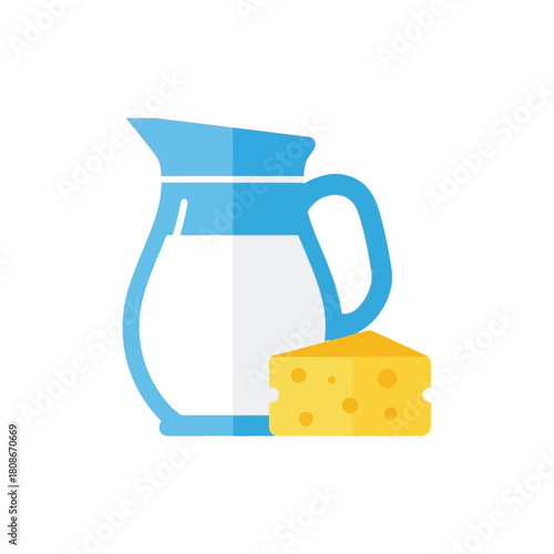 Illustration featuring a blue pitcher of milk and a yellow cheese wedge.