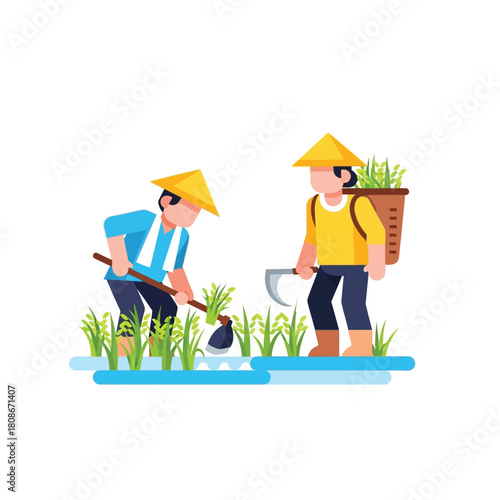 Two farmers working in a rice paddy field, one tilling the soil and the other harvesting.