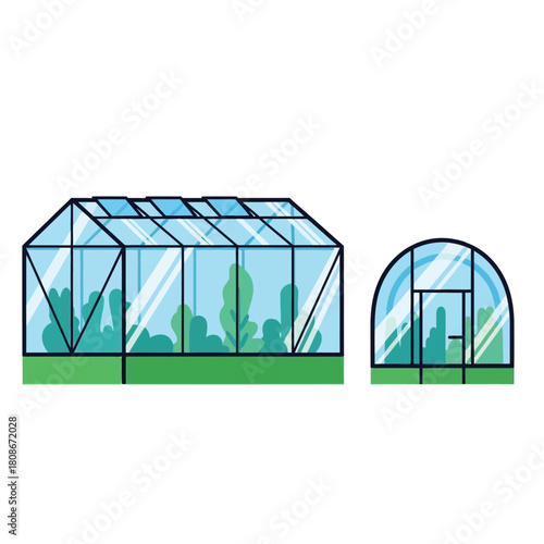 Two different greenhouse structures with plants inside, depicted in a flat, illustrative style.