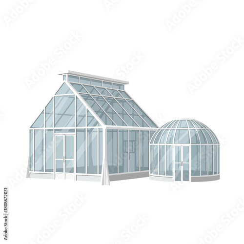 Two glass greenhouses depicted, one rectangular, the other a dome shape.