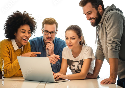 Diverse group of young people collaborating enthusiastically around a laptop screen transparent background