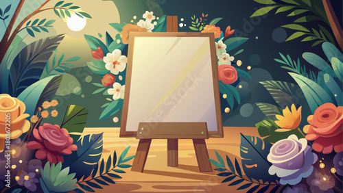 Realistic blank wedding signage displayed on a rustic wooden easel, surrounded by soft florals and warm ambient light, perfect for event branding