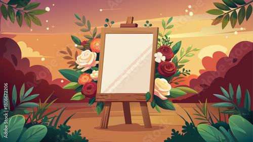 Realistic blank wedding signage displayed on a rustic wooden easel, surrounded by soft florals and warm ambient light, perfect for event branding